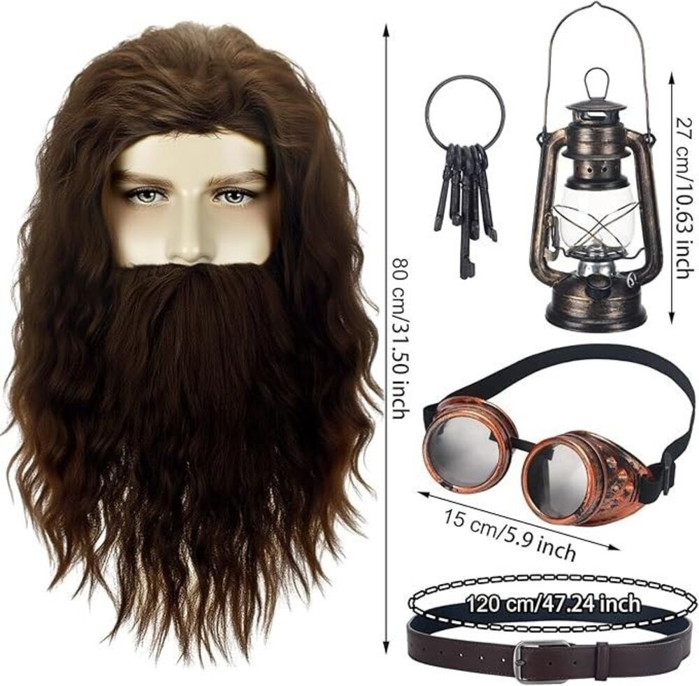 HAGRID 5pcs Wizard School Adult Costume Cosplay Wig,Beard,Goggles,Lamp,Belt NEW